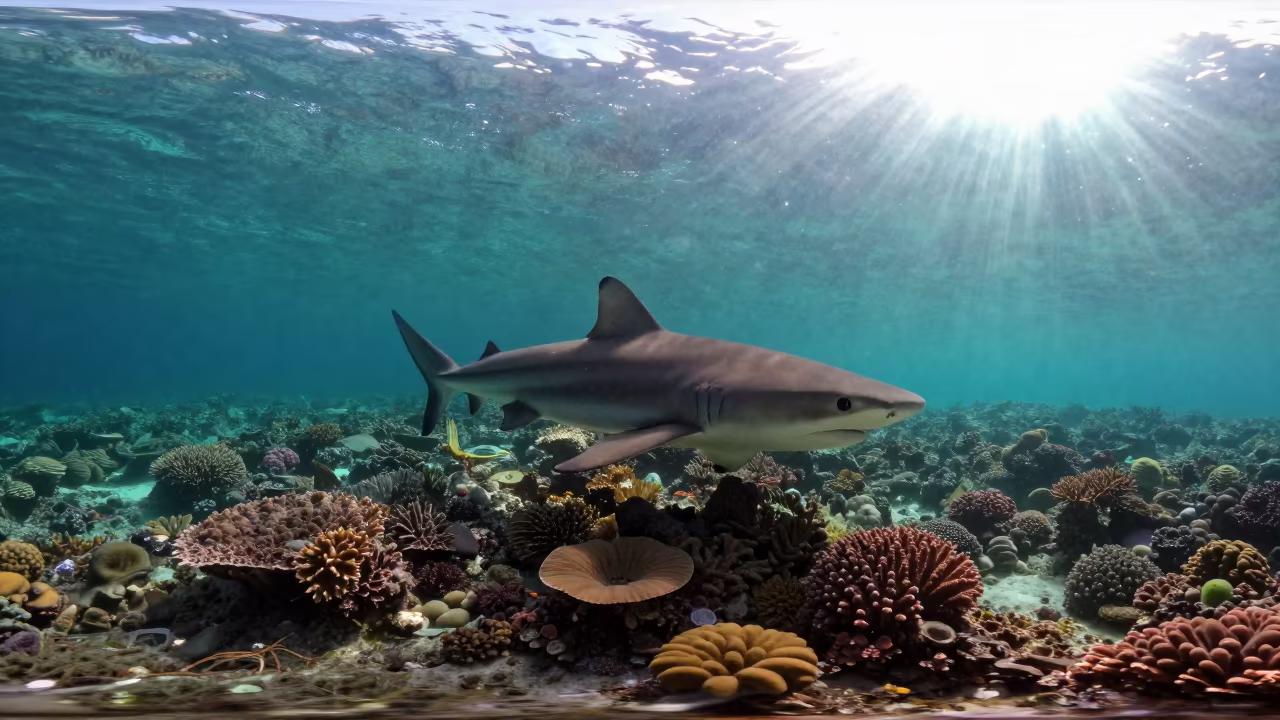 Reef Shark Over Coral Shelf in Green Surge in beneath a reef ledge in tropical shallows near Cairns