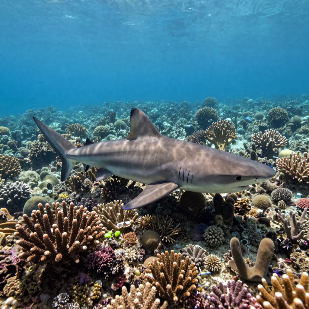 Reef Shark Patrols Coral Wall with Duplicated Background in along a coral wall with blue water beyond near Belize City