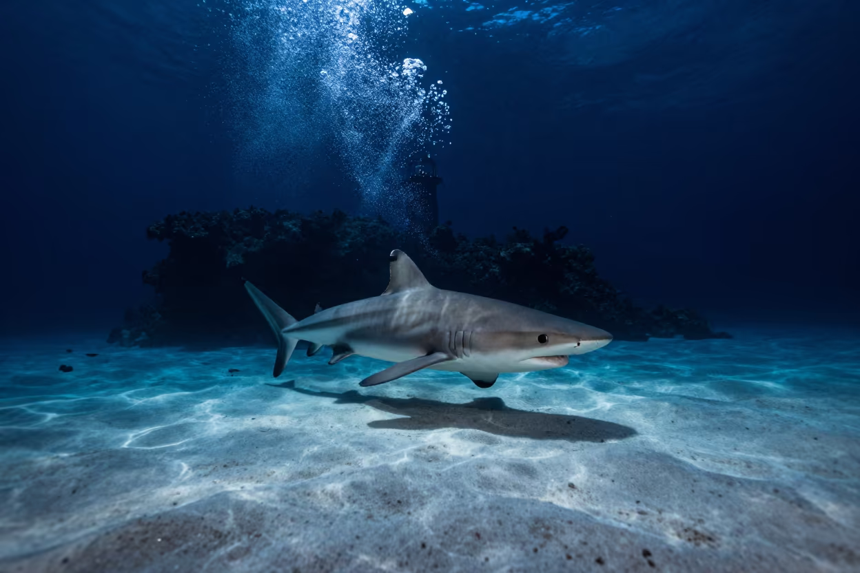 Reef Shark in Lighthouse Beam Over Sandy Channel in beside a reef crevice under clear water near Cairns
