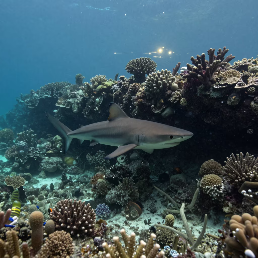 Reef Shark Patrolling Coral Wall in Dusky Bali in beneath a reef ledge in tropical shallows near Denpasar