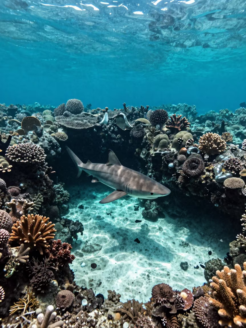Reef Shark Patrols Volcanic Coral Wall Cebu in beside a volcanic reef overhang near Cebu