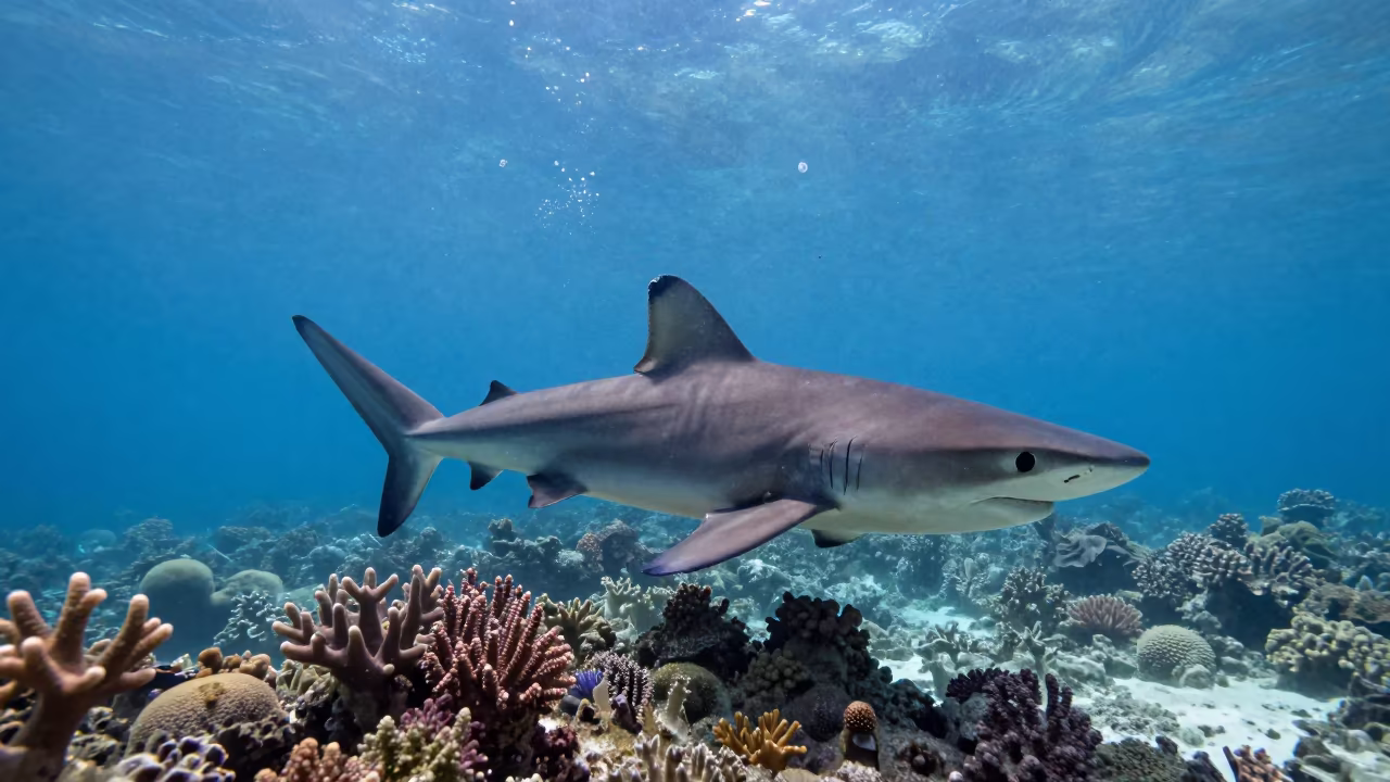 Reef Shark Swimming Over Coral Ledge in Belize Light in along a coral wall with blue water beyond near Belize City