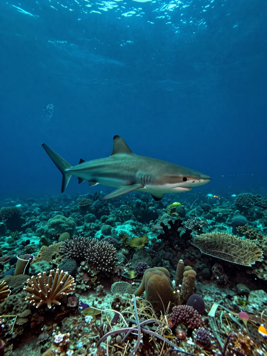 Reef Shark Over Volcanic Coral Shelf Belize in beside a volcanic reef overhang near Belize City