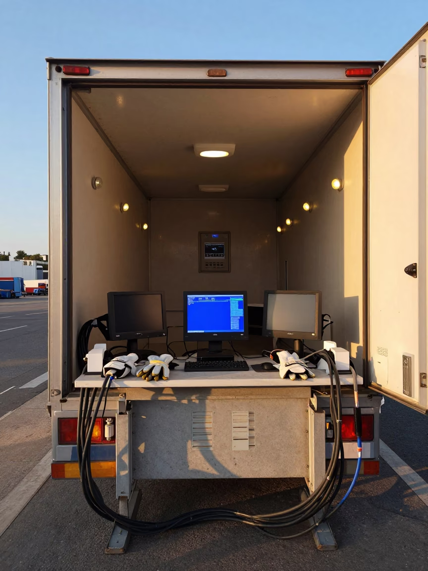 Reefer Check Station with Cables and Forms in inside a dispatch office above the dock near Marseille