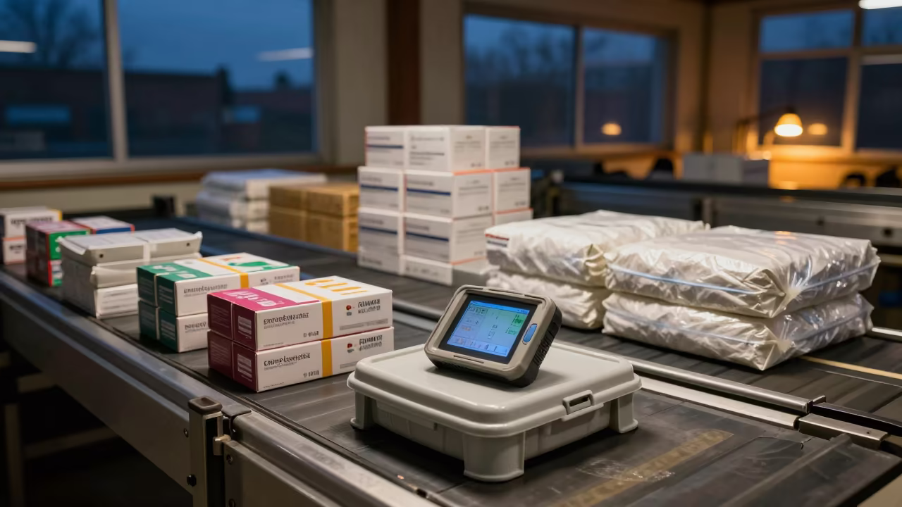 Reefer Data Logger Cradle in Godoy Cruz Sorting Belt in at a parcel sorting belt in Godoy Cruz