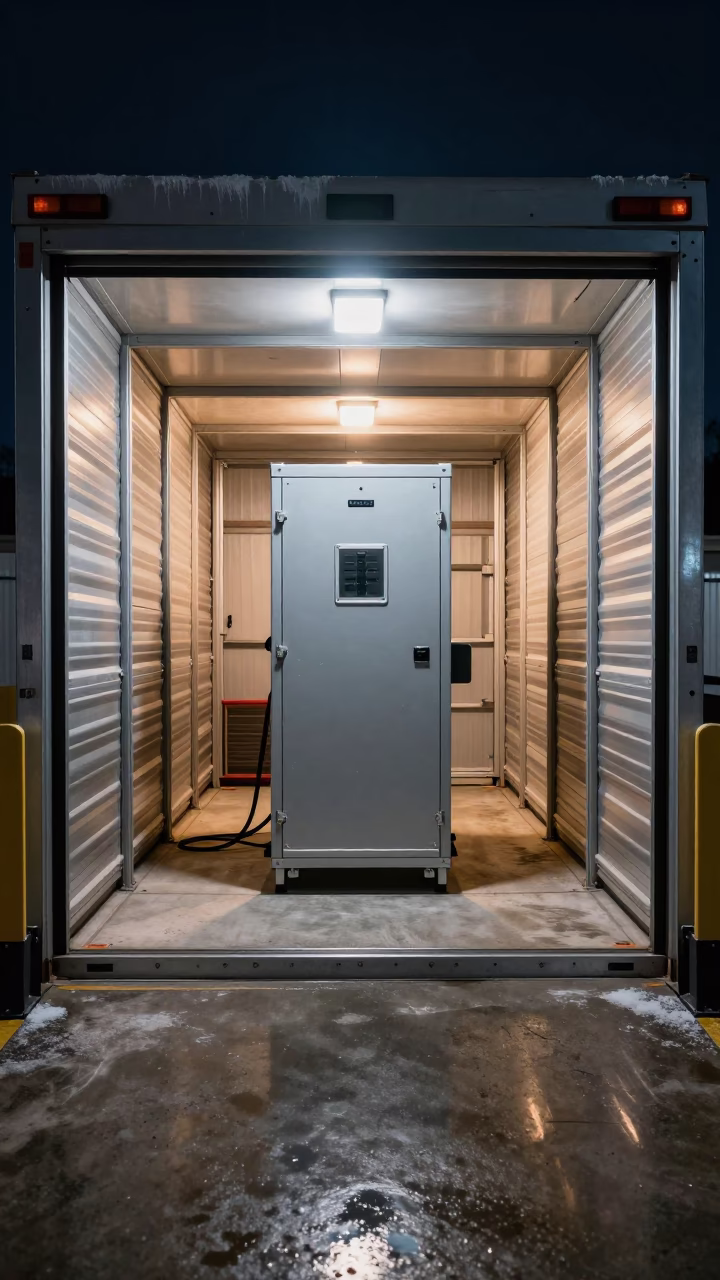 Reefer Pretrip Test Stand Night Light in inside a chilled distribution bay near Tolyatti