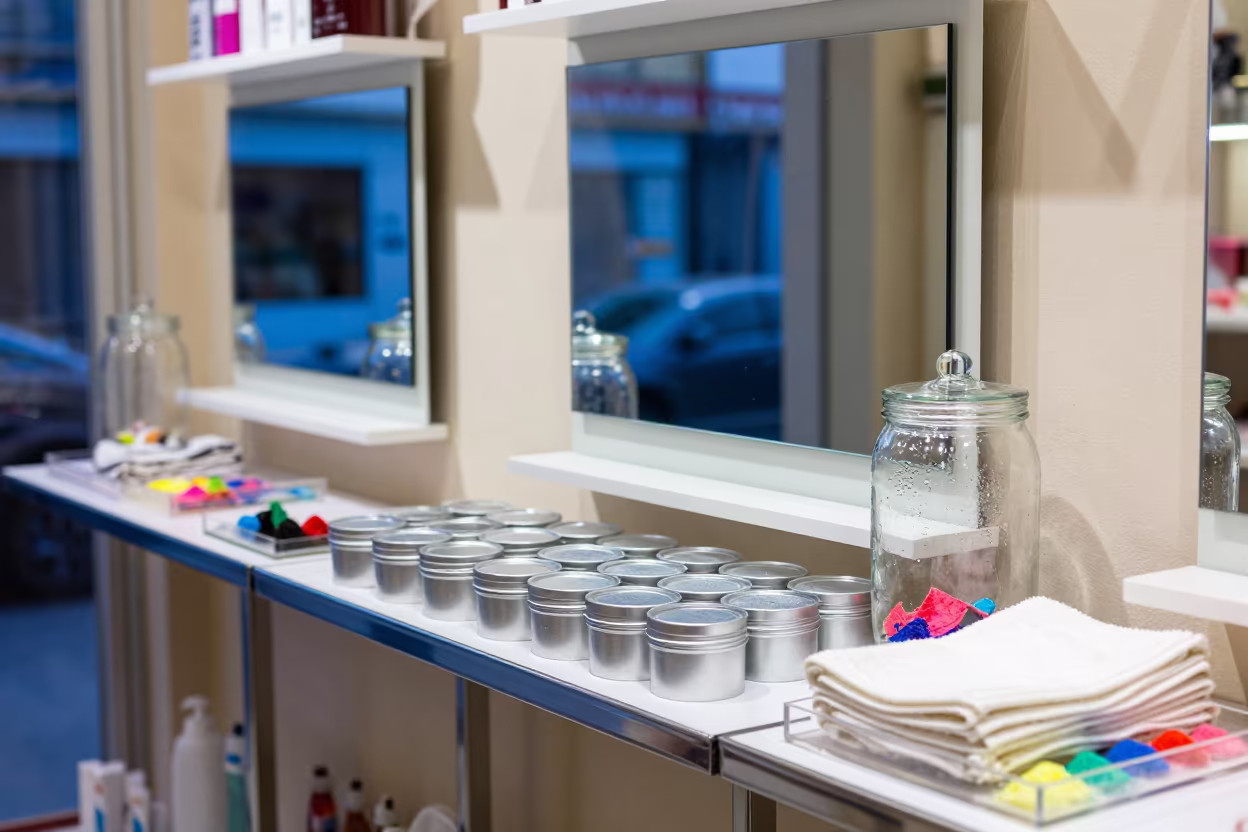 Refill Tin Under Mirror Banks in Mashhad Beauty Store in in a beauty supply area under white LEDs in Mashhad