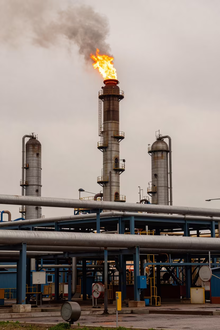 Refinery Flare Stack Burning Above Pipes in beside exposed structural steel near Meknes