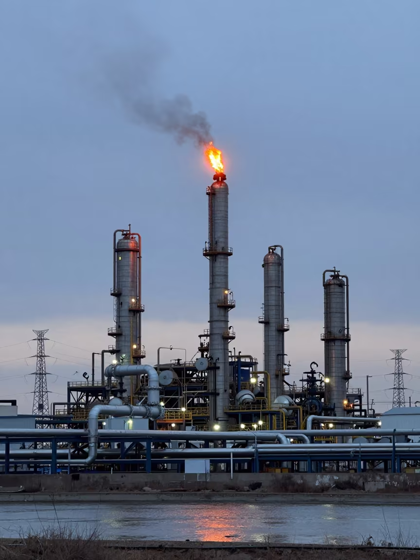 Refinery Flare Stack Burning Blue Hour in under gantries and utility towers in Inner Mongolia