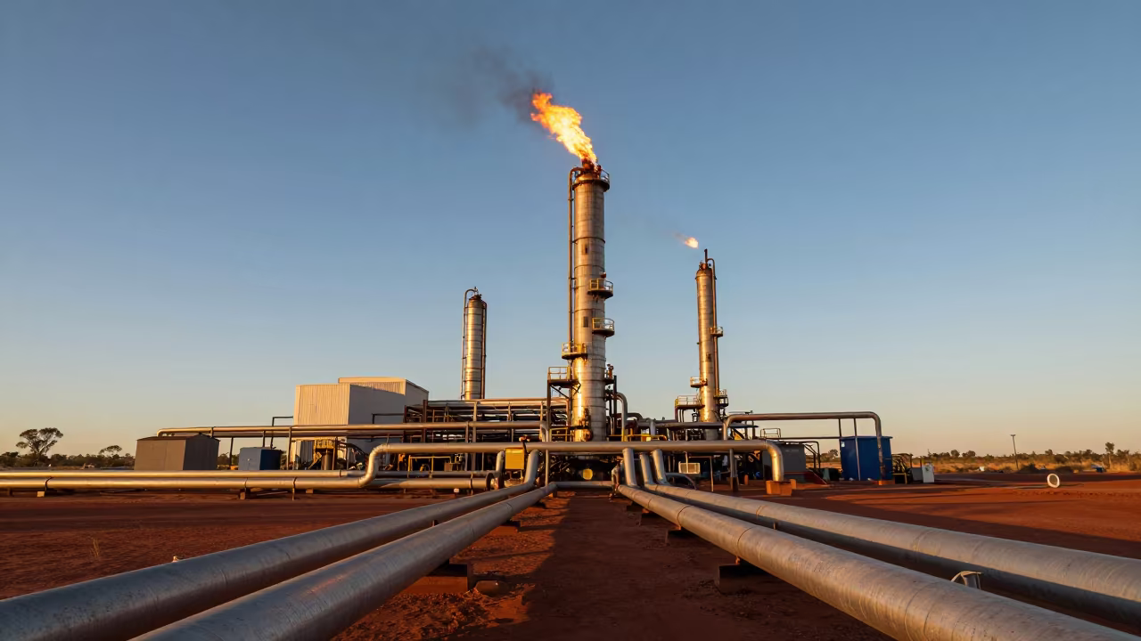 Refinery Flare Stack Burning Golden Hour Outback in in the Outback