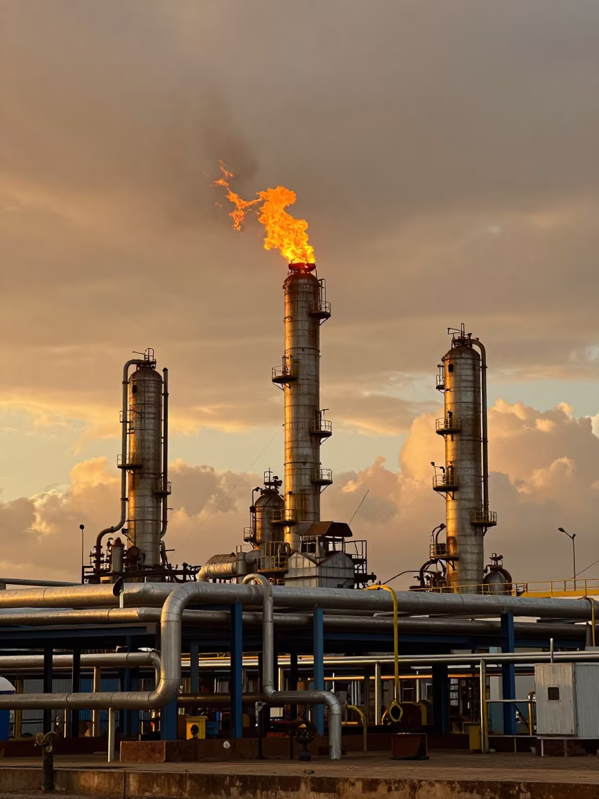 Refinery Flare Stack Burning at Golden Hour in under gantries and utility towers near Malabo