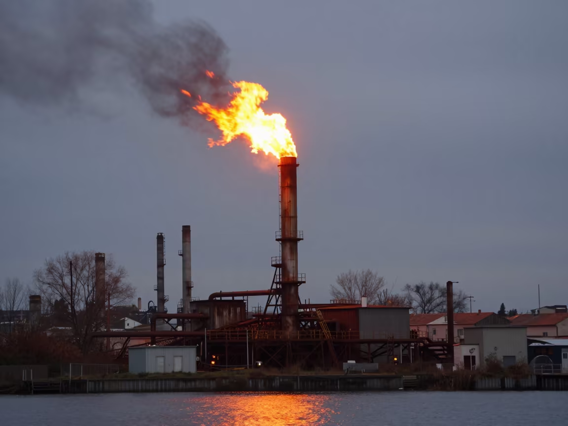 Refinery Flare Stack Burning Twilight Aix in near Aix-en-Provence