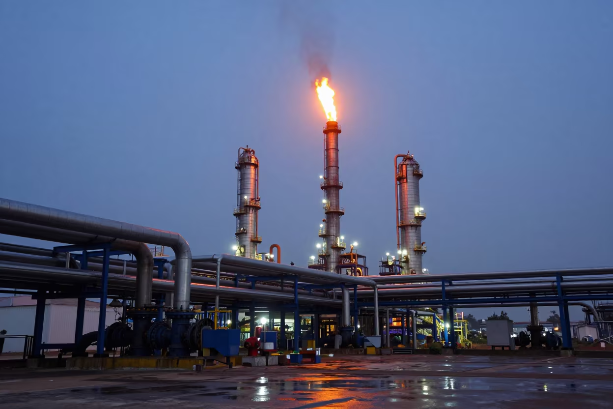 Refinery Flare Stack Burning at Twilight in Bangladesh in in Bangladesh