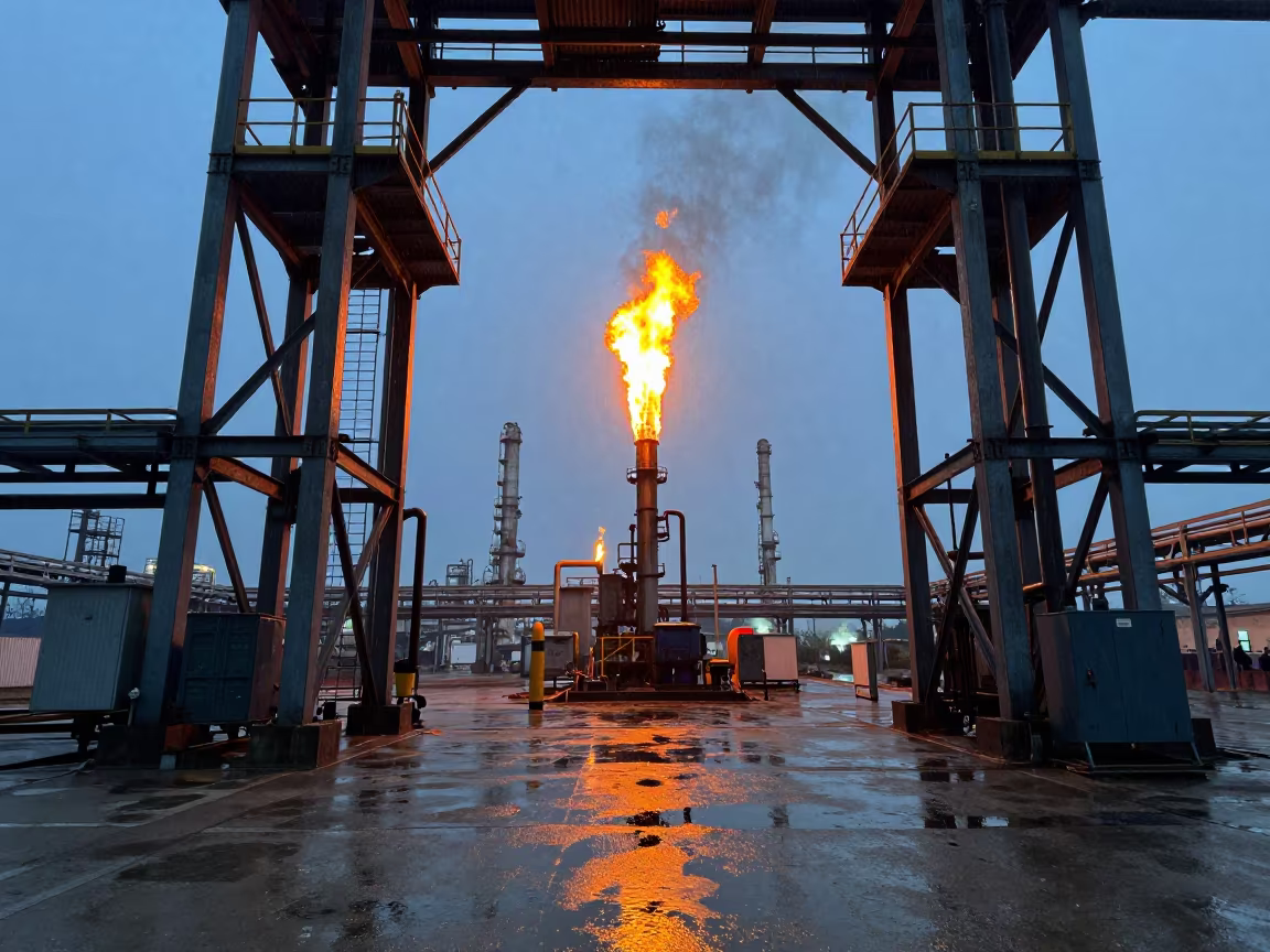 Refinery Flare Stack Burning Twilight in beside exposed structural steel in the Great Barrier Reef