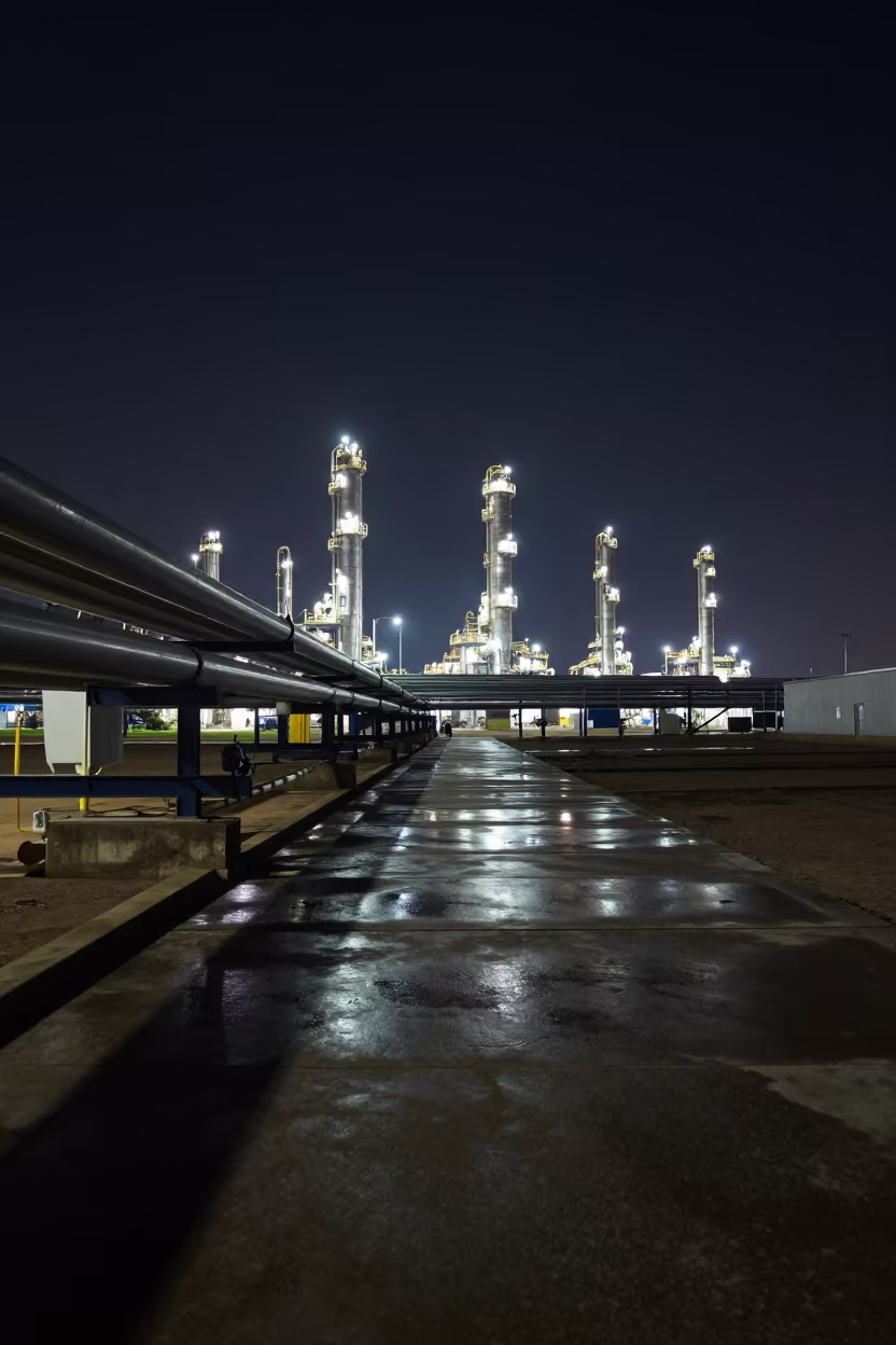 Refinery Pipe Rack at Night in across an active works site near Ndjamena