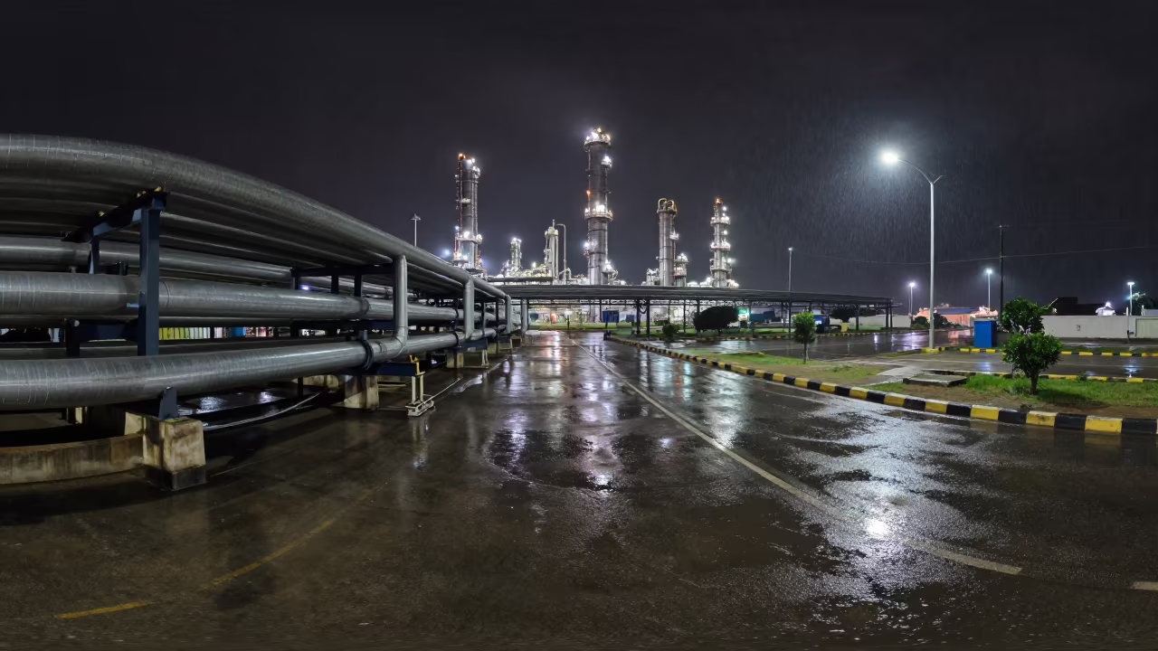 Refinery Pipe Rack Night Wet Season Mogadishu in along a service road lined with pipes near Mogadishu