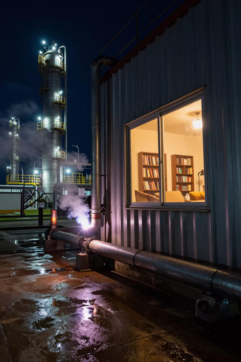 Refinery Window Indoor Night View Cabo San Lucas in under gantries and utility towers near Cabo San Lucas