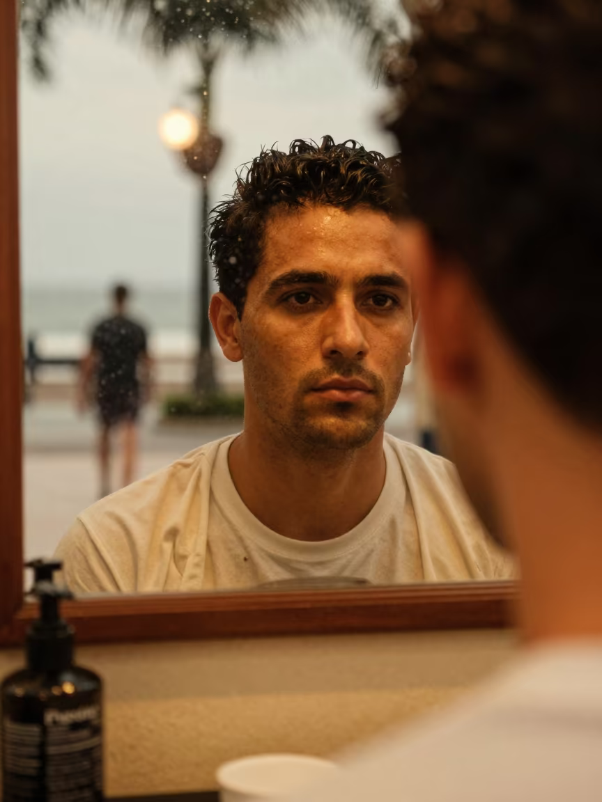 Reflected face in barbershop mirror Cabimas evening in at a public square in Cabimas