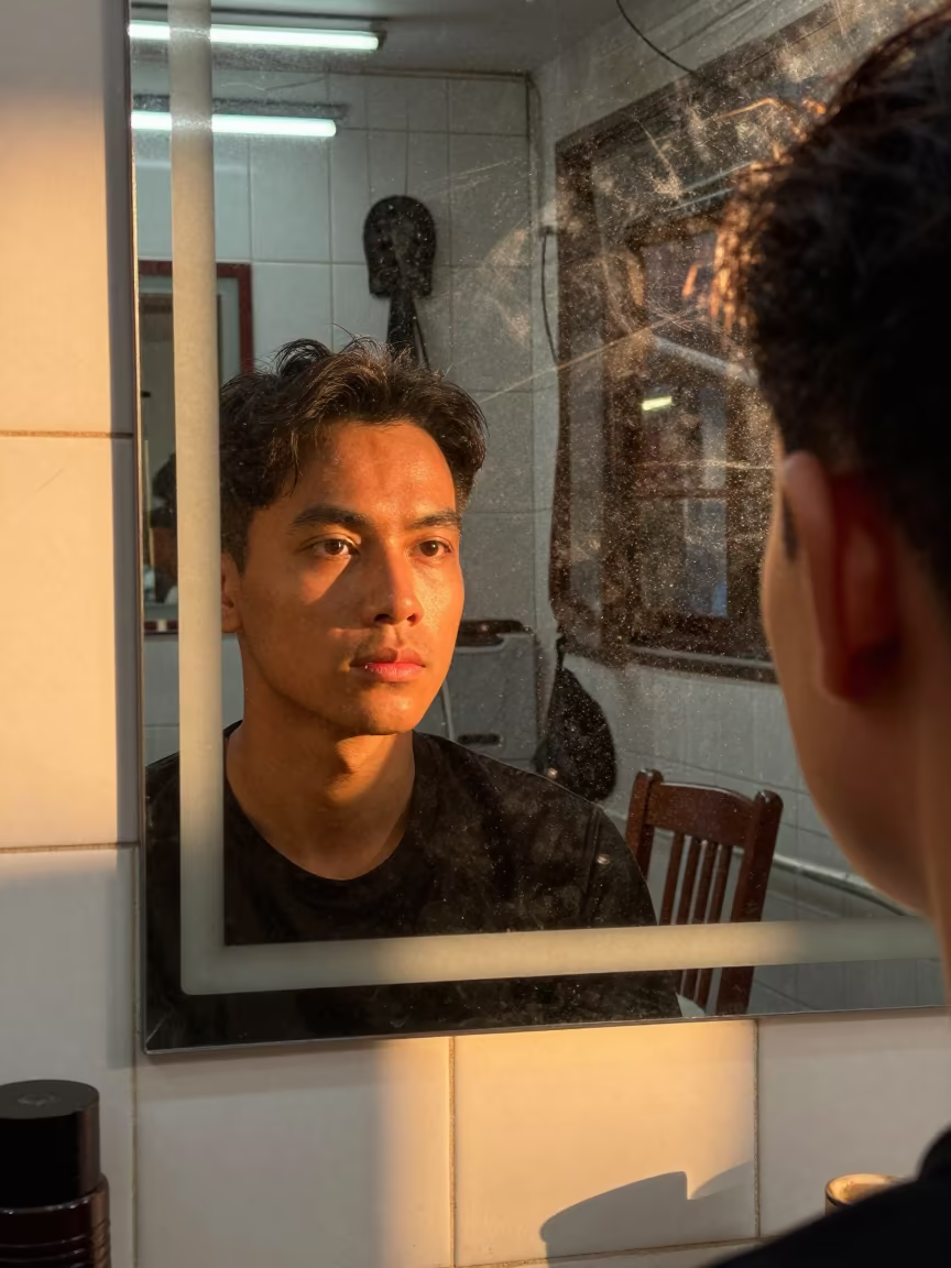 Reflected Face in Ho Chi Minh Barbershop Mirror in near Binh Thanh, Ho Chi Minh City