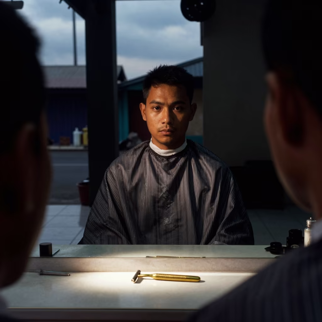 Reflected Face in Yangon Barbershop Mirror in in Yangon