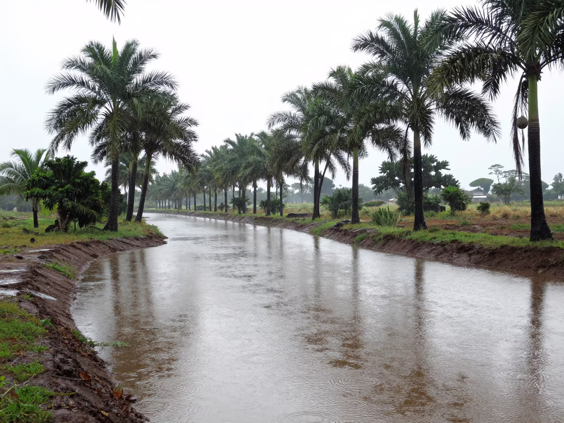 Reflected Palms in South African Floodplain Canal in across a floodplain after rain in South Africa