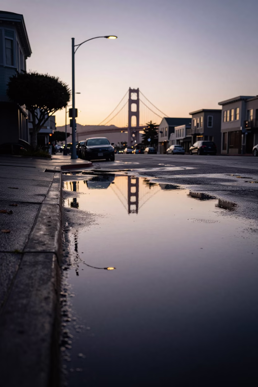 Reflections Puddle in San Francisco at Nautical Dawn Light in in San Francisco, California, United States