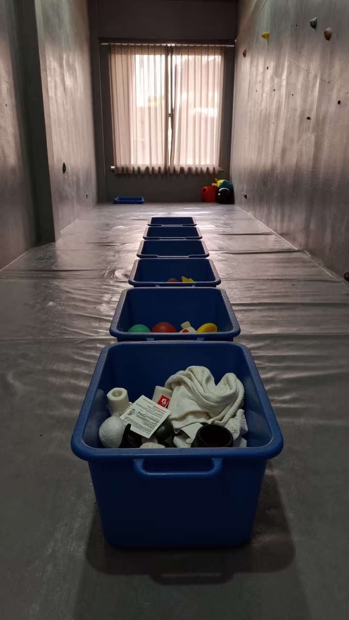 Reformer Carriage Bin at Dawn in Luang Prabang in inside a climbing gym warmup zone in Luang Prabang