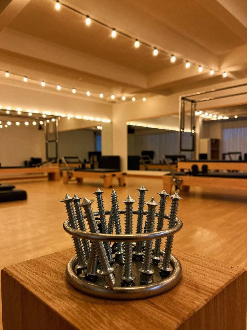 Reformer Screw Caddy in Spin Studio Glow in inside a spin studio under class lights near St Johns