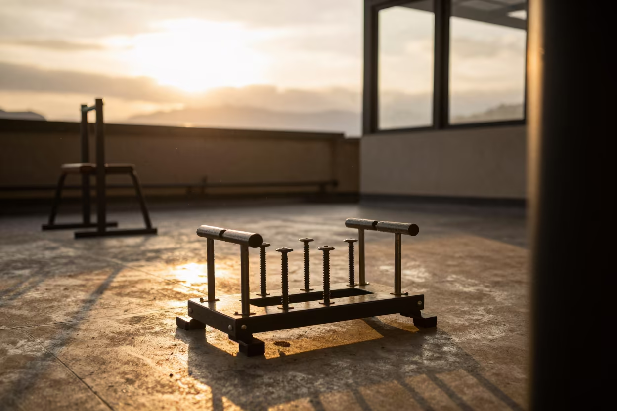 Reformer Screw Caddy at Sunset in Medellin Studio in inside a strength room in Medellin