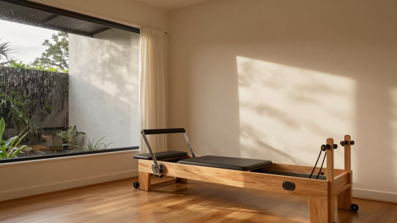Reformer Spring Drawer in Late Afternoon Light in inside a yoga studio before the session begins near Byron Bay