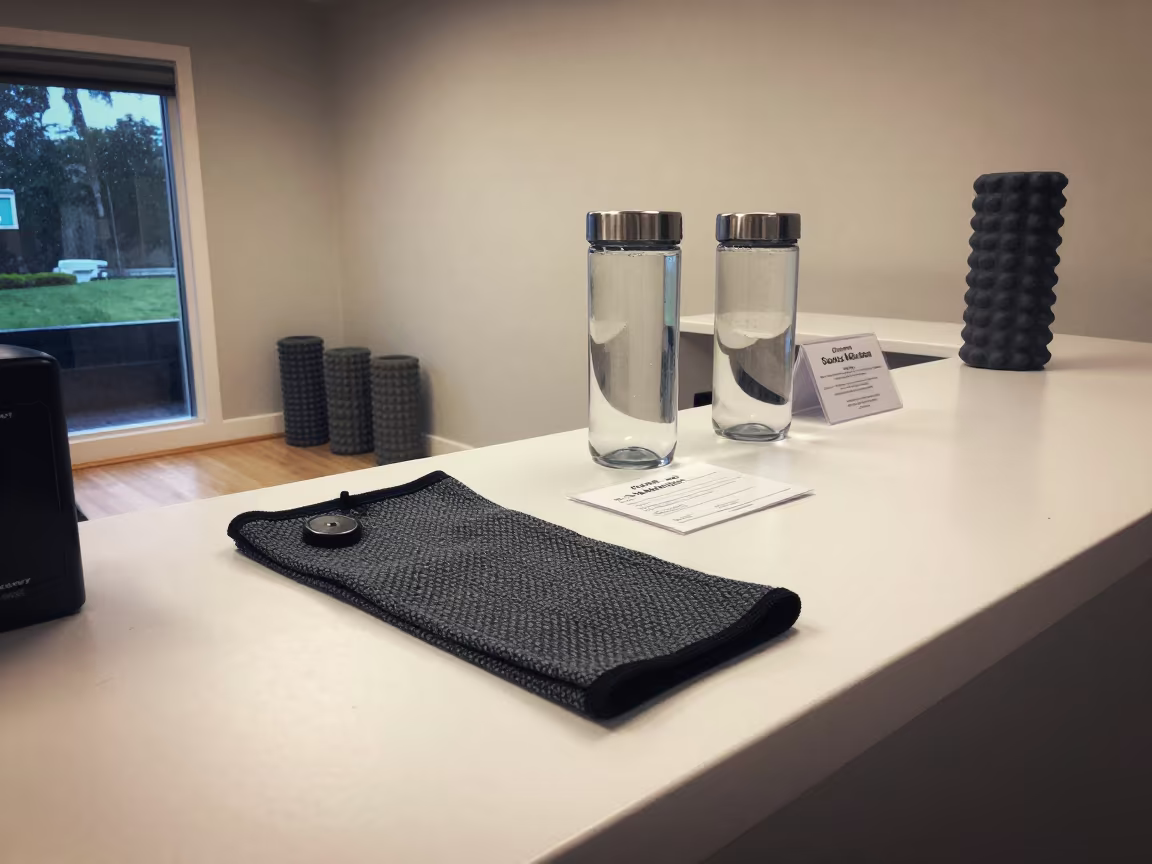 Reformer Studio Reception With Grip Socks And Water in inside a recovery lounge beside foam rollers in Santa Marta