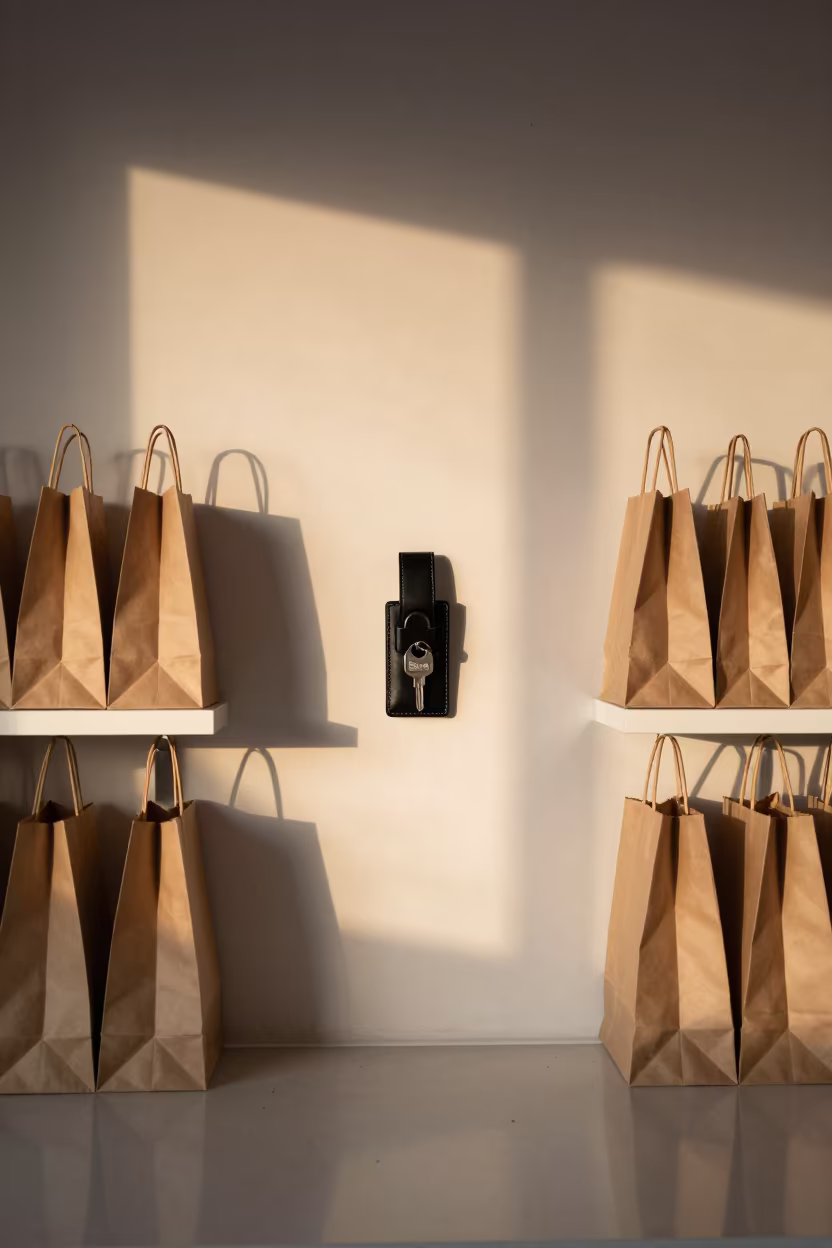 Refund Key Holster at Durrës Cash Wrap in at a cash wrap counter with bags stacked nearby in Durrës