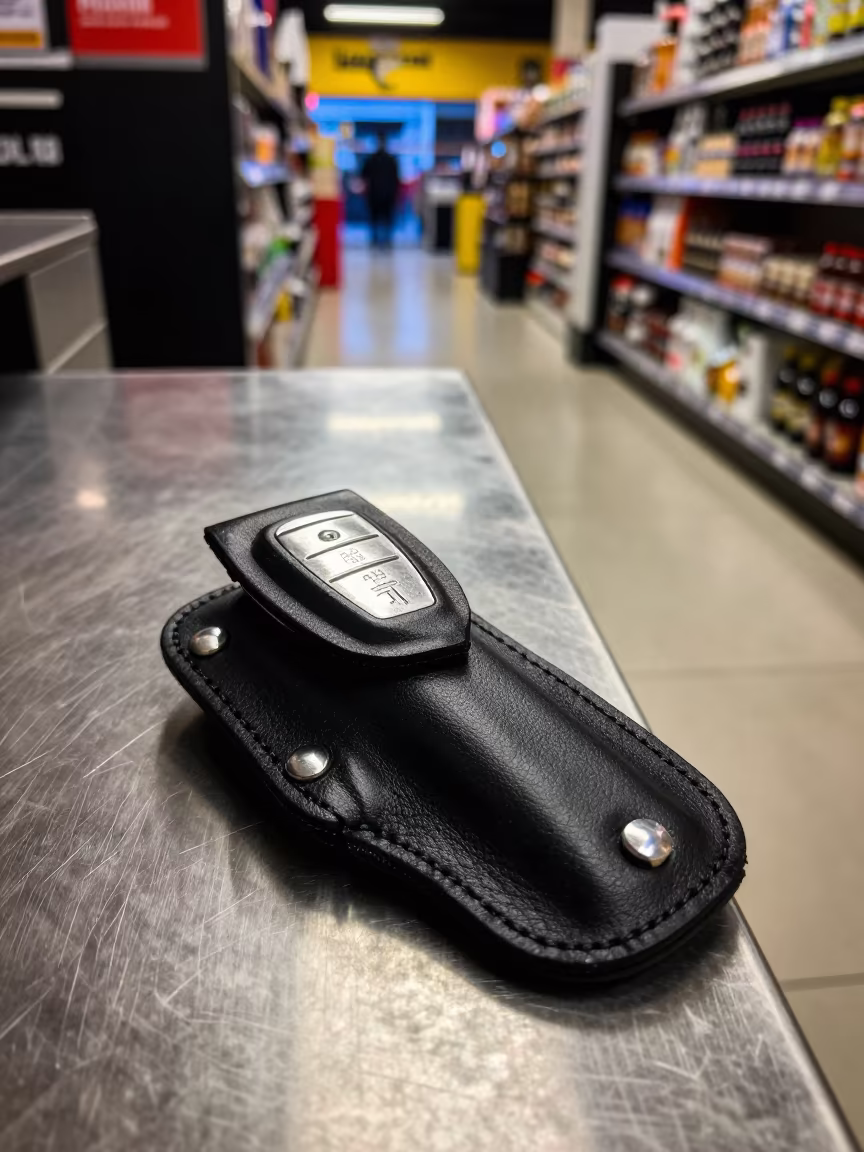 Refund Key Holster in Managua Night Retail in inside a bright retail aisle in Managua