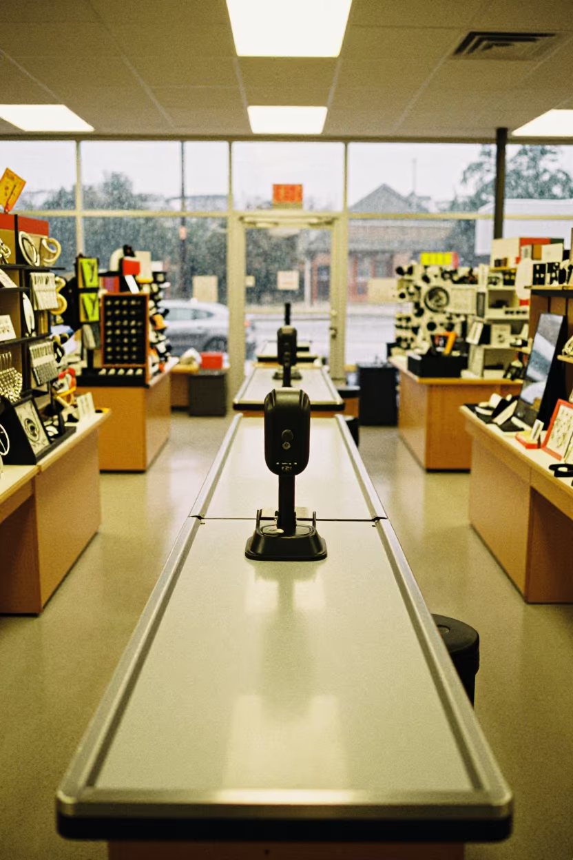 Refund Key Holster in Symmetrical Retail Lane in at a checkout lane under flat store light near Saly