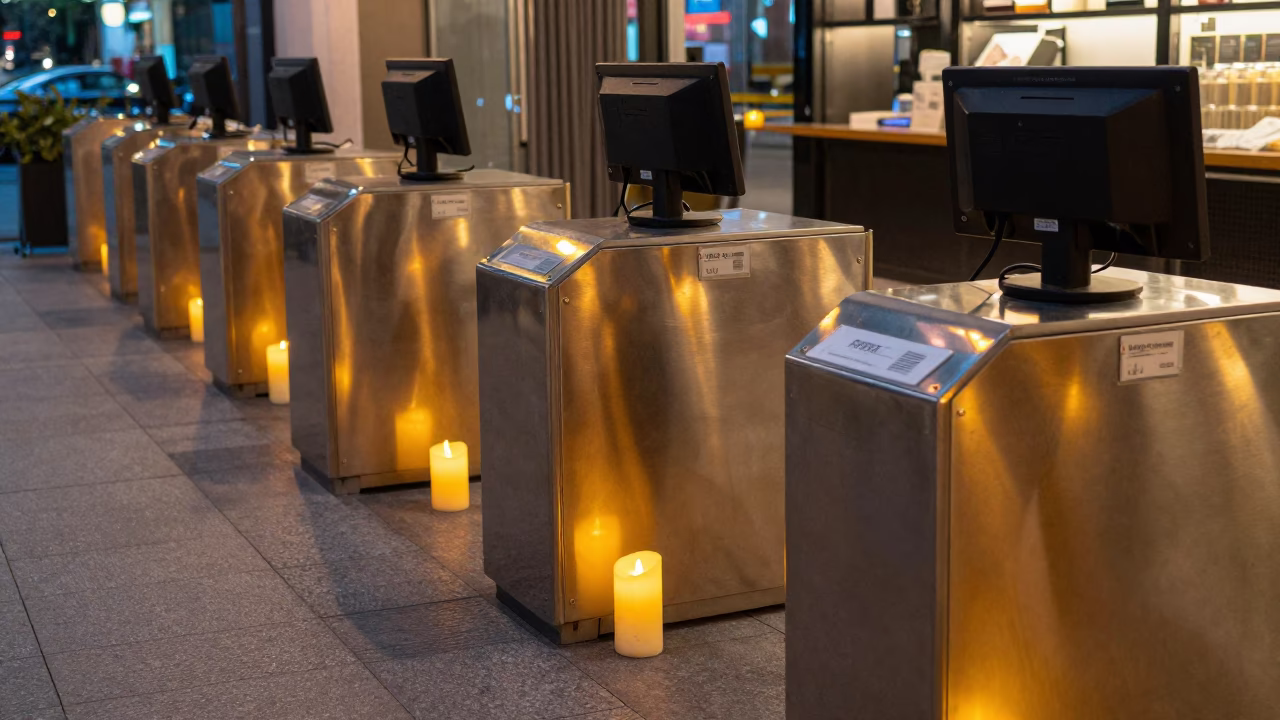 Refund Lightbox Glow at Chongqing Checkout Lane in at a checkout lane under flat store light near Chongqing