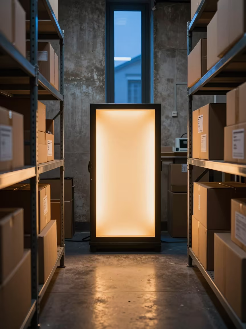 Refund Lightbox at Twilight in Genoa Stockroom in inside a stockroom behind the sales floor in Genoa