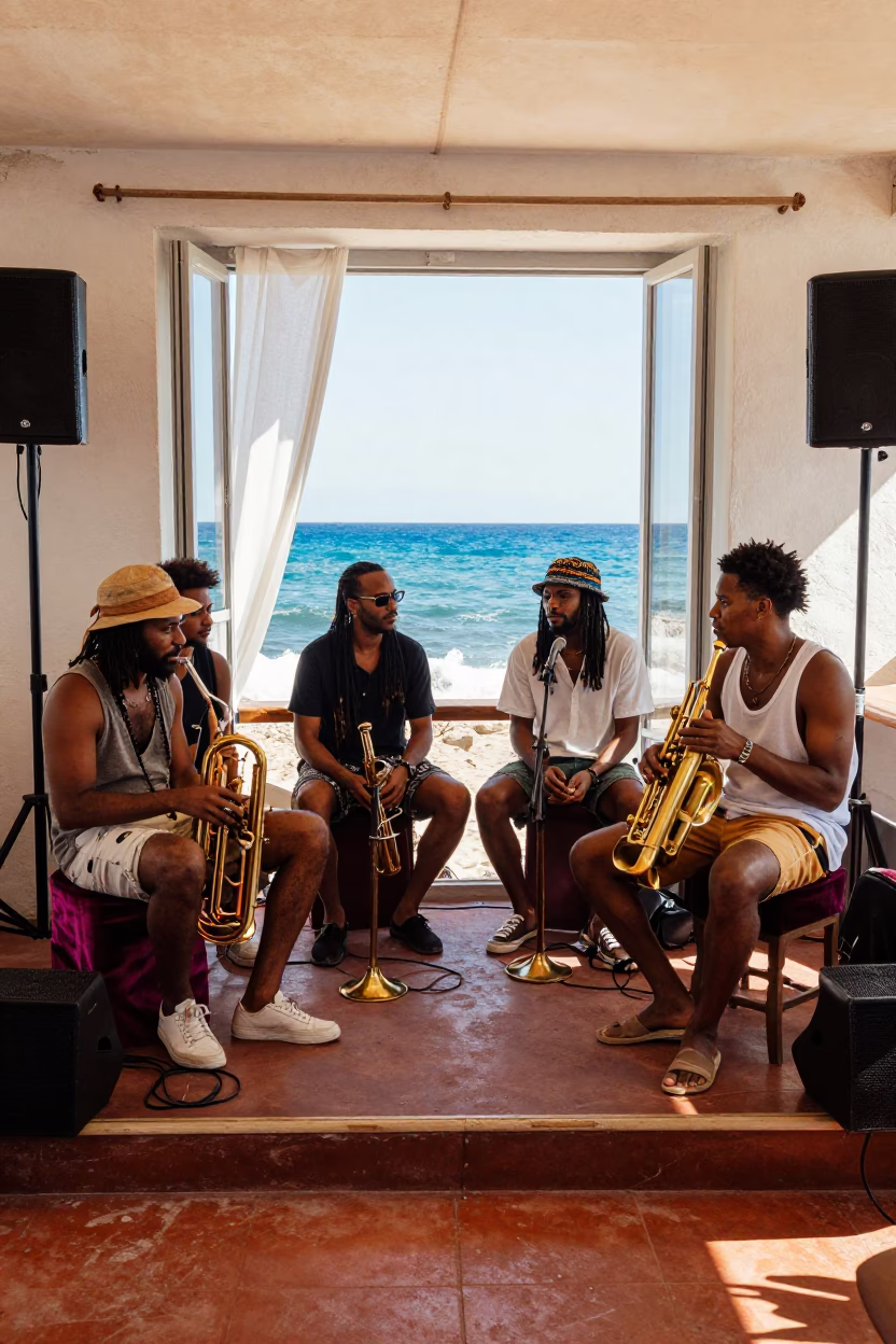 Reggae Band Resting on Velvet Chair Marseille Midday in on a velvet chair in Marseille