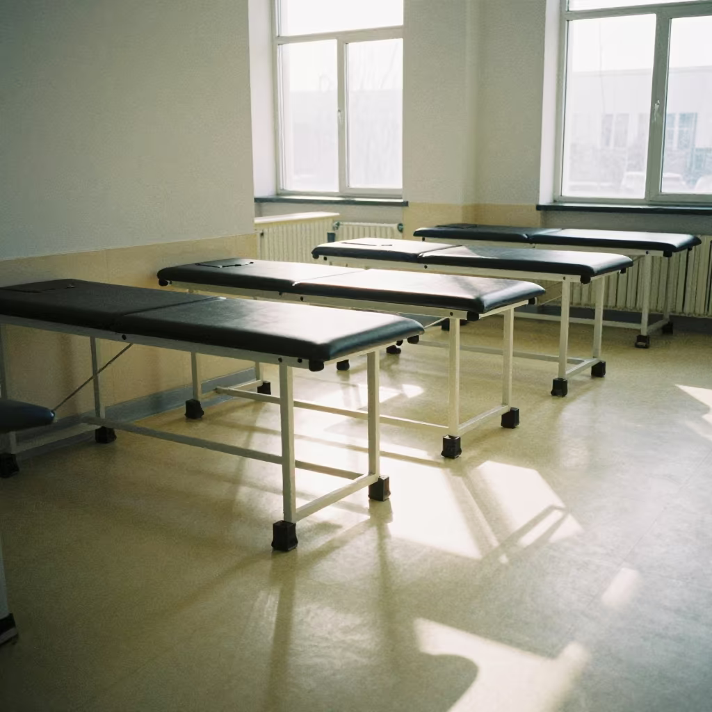 Rehab Balance Board Rack in Urumqi Hospital in inside a recovery area with treatment stations aligned near Urumqi