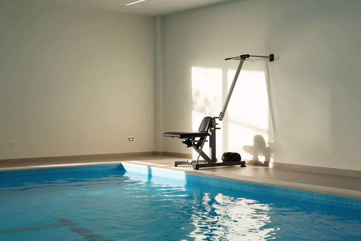 Rehab Lift Beside Blue Therapy Pool in Annecy Gym in inside a rehab gym prepared for the first patients in Annecy