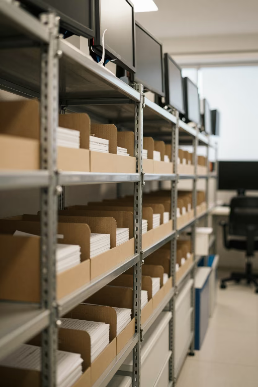 Reimbursement Check Pickup Rack in São Paulo Office in in an operations center under monitor glow in São Paulo