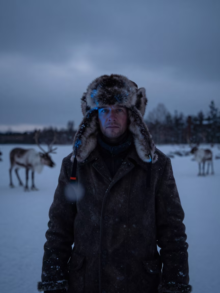 Reindeer Herder Portrait in Stockholm Winter Twilight in in Stockholm