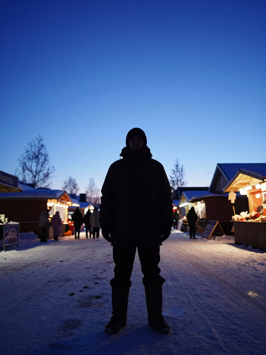 Reindeer Herder Silhouette in Rovaniemi Twilight in along a market lane in Rovaniemi