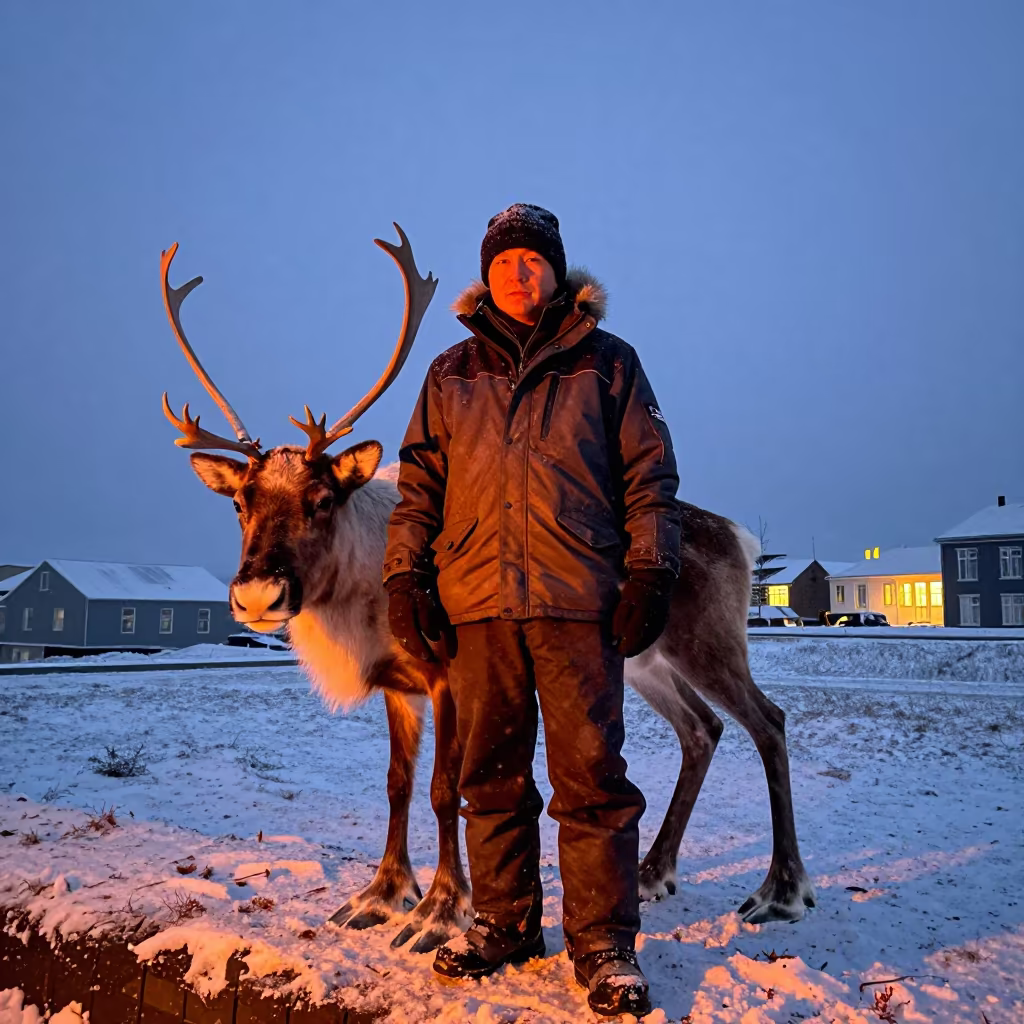 Reindeer Herder at Twilight in Iceland in near Reykjavik