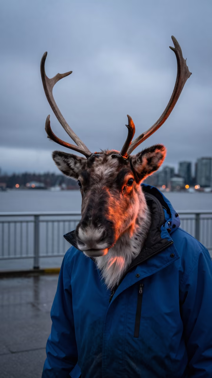 Reindeer Herder in Vancouver Harbor Twilight in at a harbor edge in Vancouver