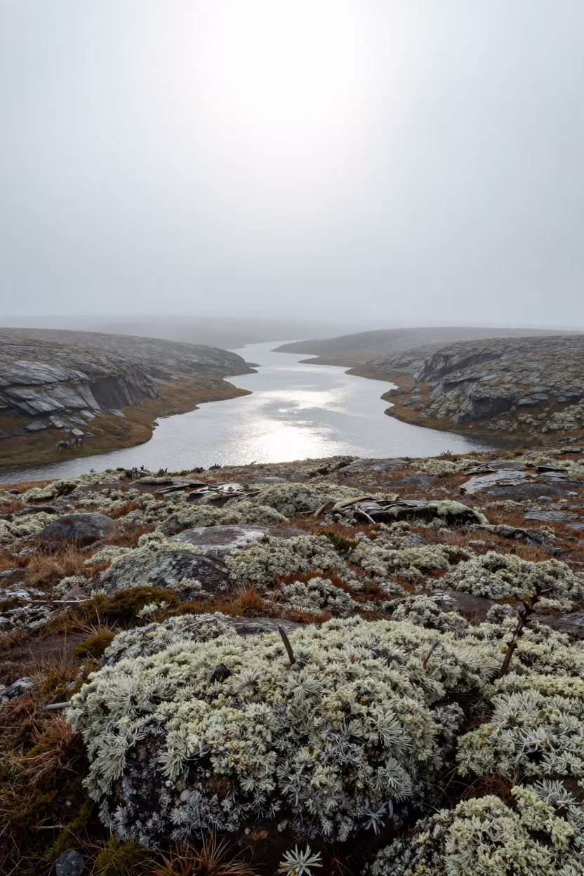 Reindeer Lichen on Bahia Tundra Rocks in across a wide valley floor in Bahia