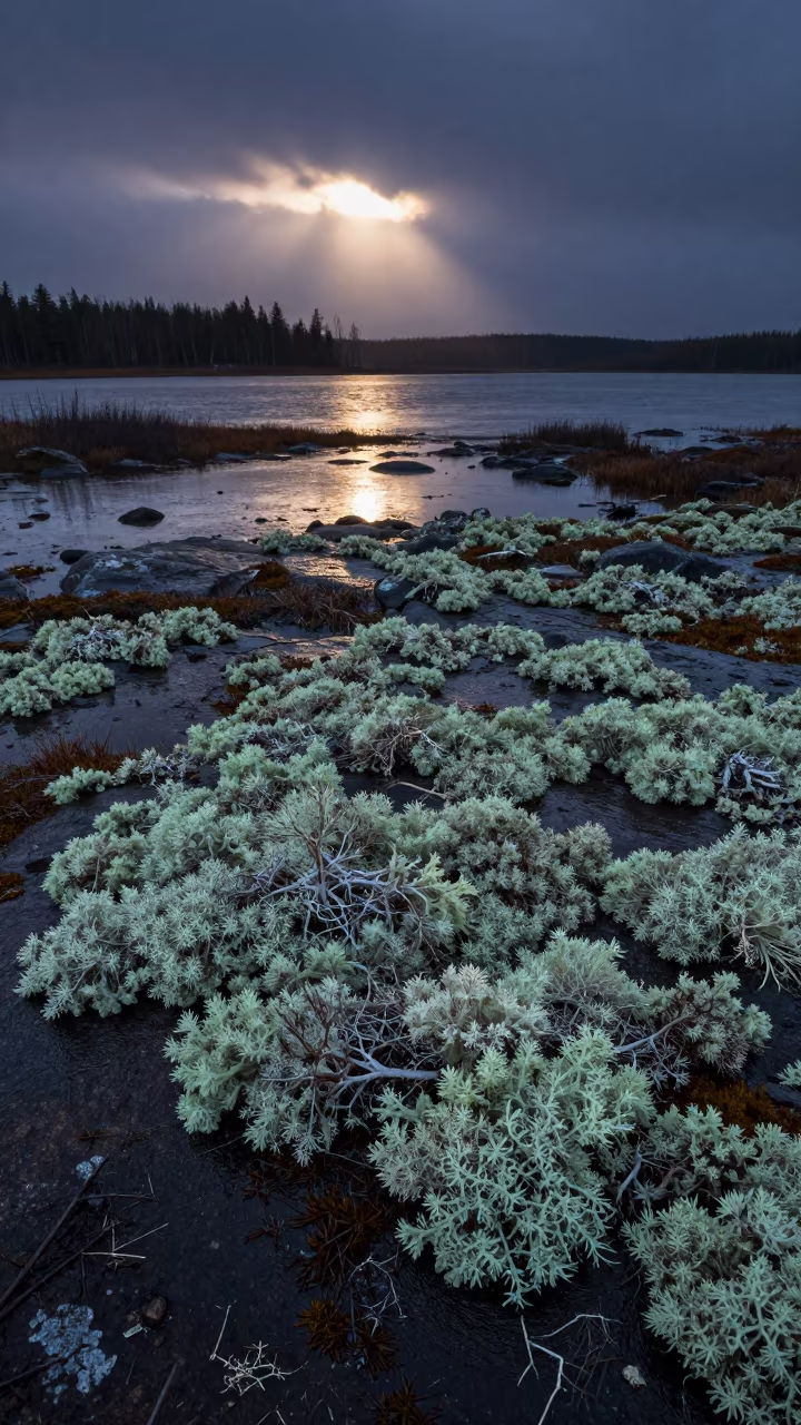Reindeer Lichen Silhouette on Floodplain Rocks in across a floodplain after rain near Saint-Louis