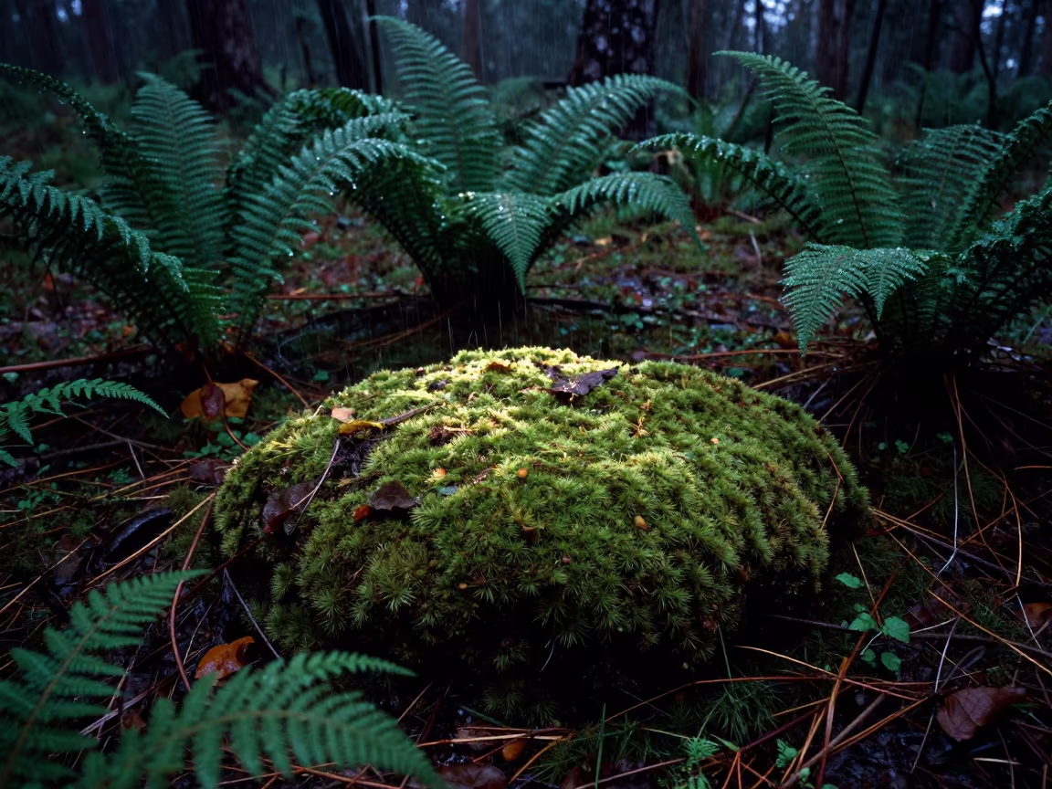 Reindeer Moss Cushion on Forest Floor in on a fern-lined forest floor in Turkmenistan