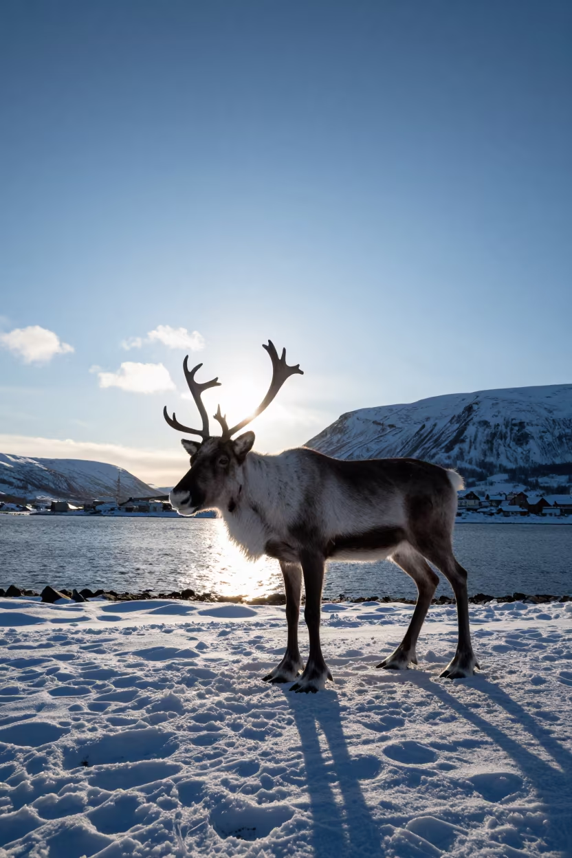 Reindeer Silhouette Against Winter Sun Dogs in beside a tidal inlet near Oslo