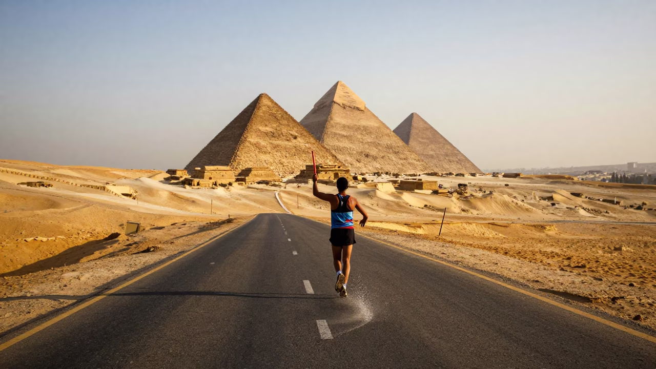 Relay Runner Reaches for Baton at Giza Roadside in at a roadside stop near Giza