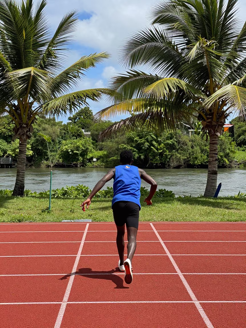 Relay Runner Reaching Back for Baton in by a riverbank near Fort-de-France